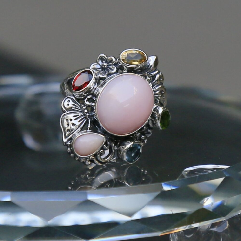 Bali Legacy ✦ Pink Opal & Multi Gemstone Ring ✦ 5.40ctw Sterling Silver Floral - Picture 7 of 16